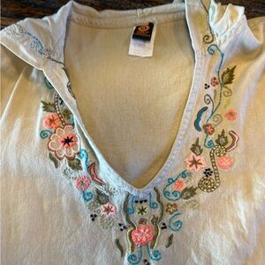 Ojai Linen Embroidered Floral Beige Top Hoodie Long Sleeve XL Embroidery Boho
